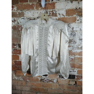 Vintage Sonya Ratay San Andre Cream Lace Trim High Neck Puff Sleeve Blouse Ruffl